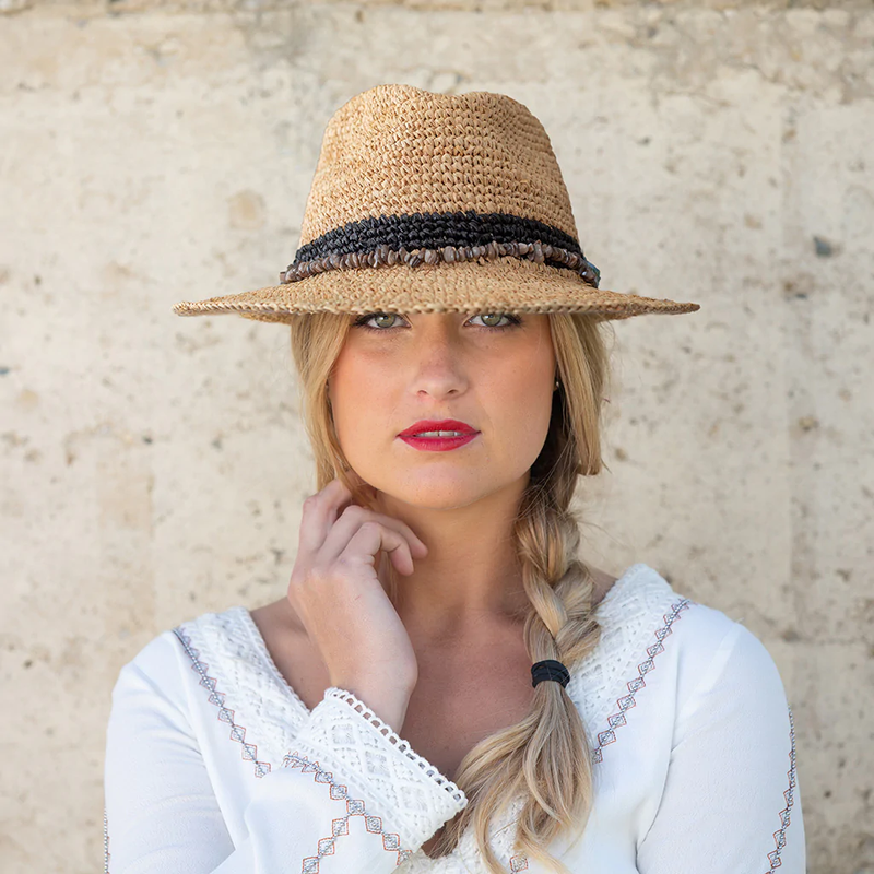 Rigon - Christine Raffia Fedora Natural/Black 58cm