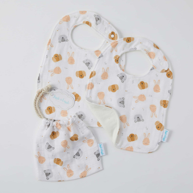 Jiggle & Giggle - Muslin Bib 2pk - Animal Faces