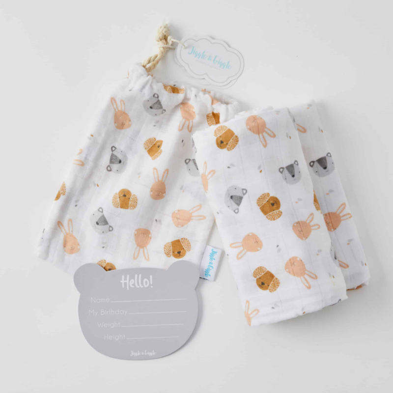 Jiggle & Giggle - Animal Faces Muslin Wrap and Card