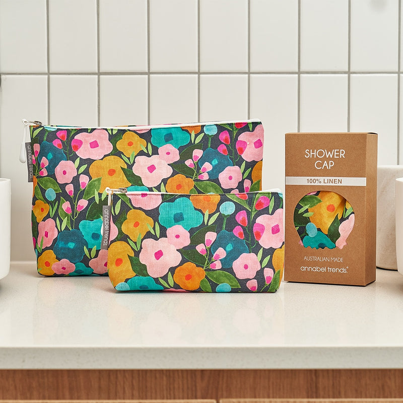 Annabel Trends - Linen Cosmetic Bag - Spring Blooms - Large