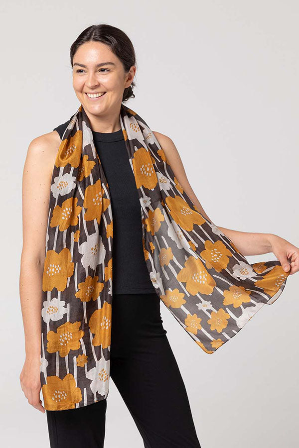 Indus - Daisy Chain Silk Scarf - Chocolate