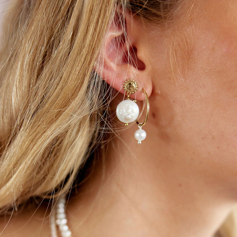 Palas - Earrings - Golden Sun & Moon Pearl - Silver, Brass & Pearl