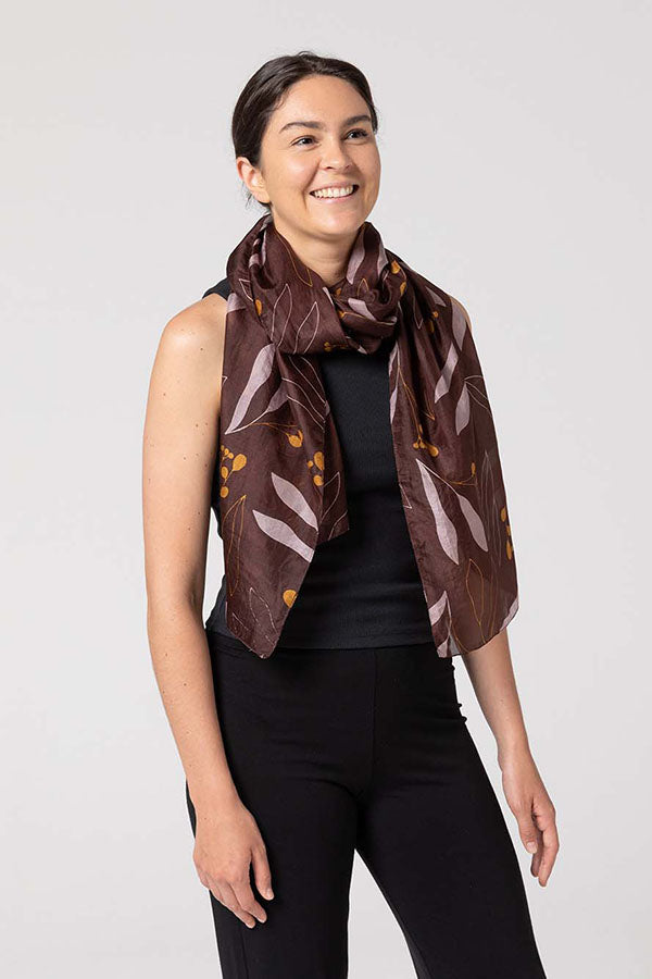 Indus - Gum Leaf Silk Scarf - Chocolate/Mustard