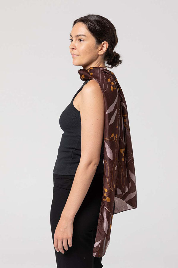 Indus - Gum Leaf Silk Scarf - Chocolate/Mustard