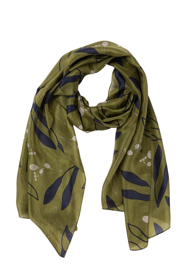 Indus - Gum Leaf Silk Scarf - Olive/Indigo