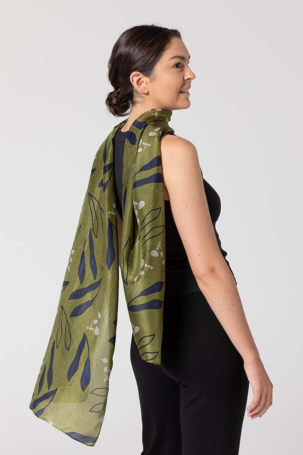 Indus - Gum Leaf Silk Scarf - Olive/Indigo