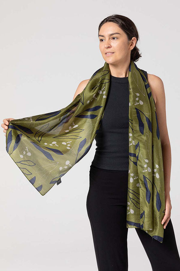 Indus - Gum Leaf Silk Scarf - Olive/Indigo