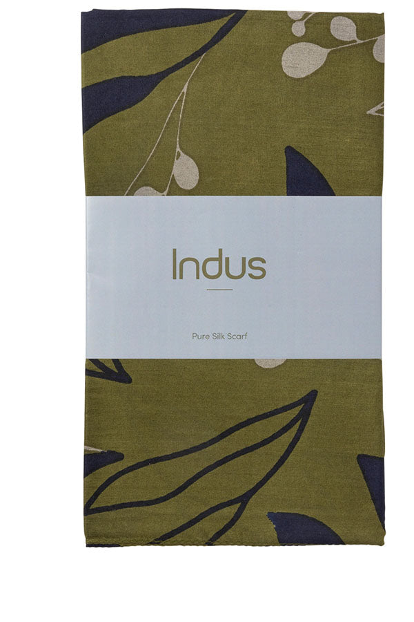 Indus - Gum Leaf Silk Scarf - Olive/Indigo