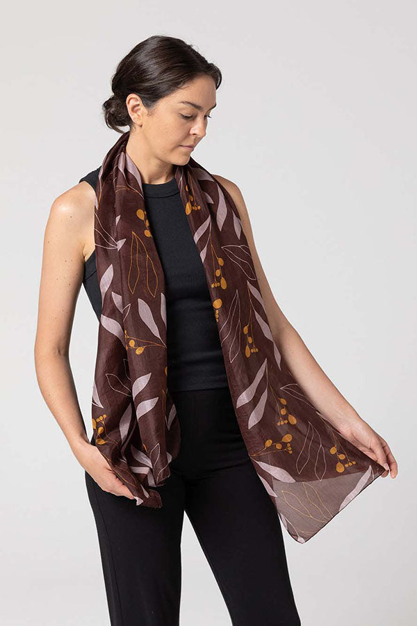 Indus - Gum Leaf Silk Scarf - Chocolate/Mustard