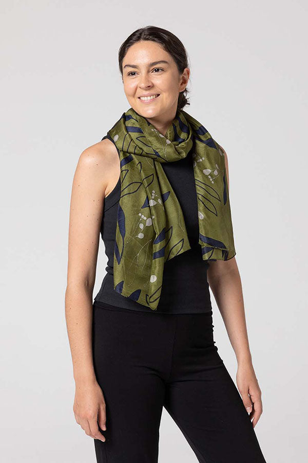 Indus - Gum Leaf Silk Scarf - Olive/Indigo