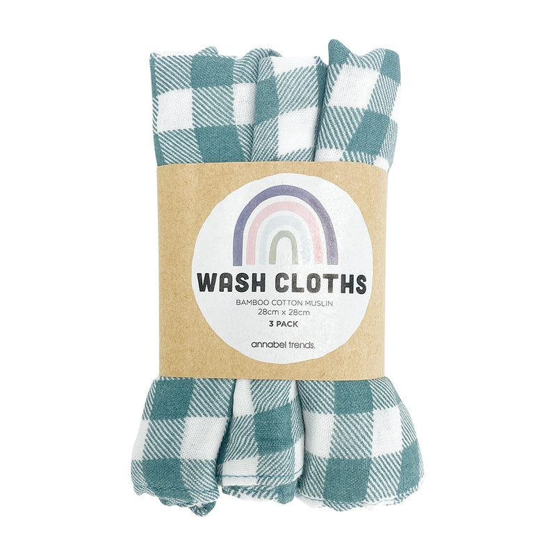 Annabel Trends - Muslin Wash Cloths 3pc - Gingham Olive