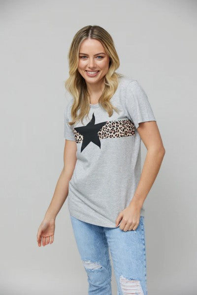 Jovie - Summit T-Shirt - Grey Marle with Black Star & Leopard Stripe