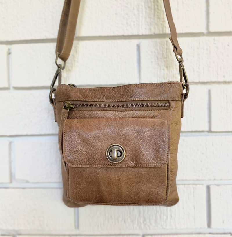 Oran - Sylvia Crossbody Bag With Twist Lock - Latte